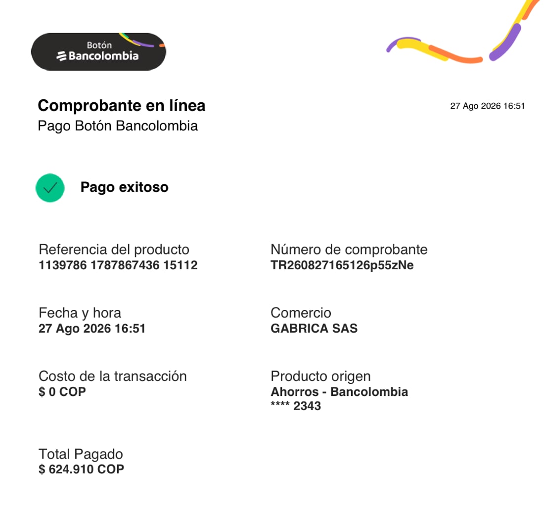 Comprovante de pagamento de $624.910 para Gabrica SAS, 27 de agosto de 2026