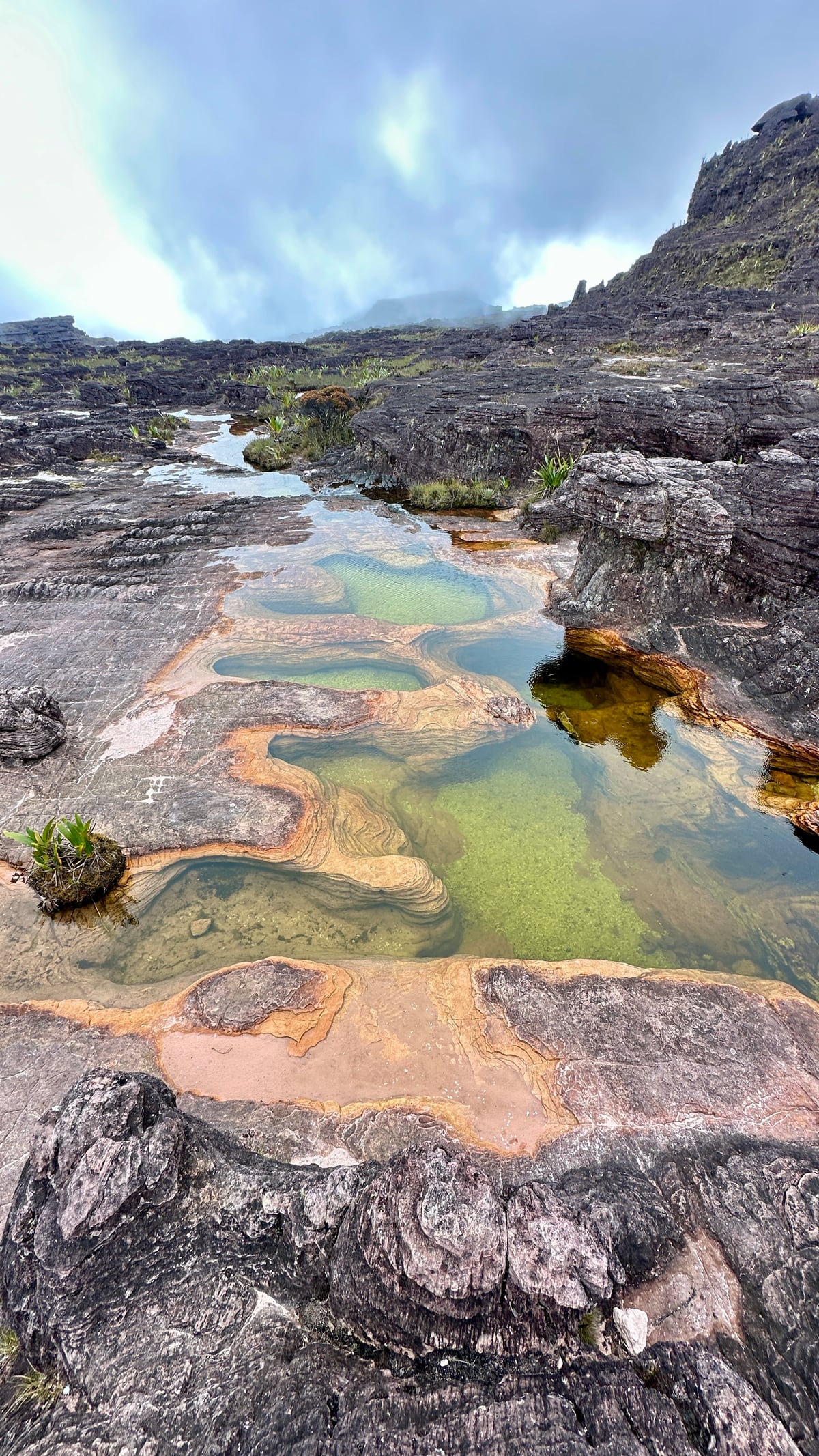 As piscinas naturais do platô, com água escura entre a rocha rosada